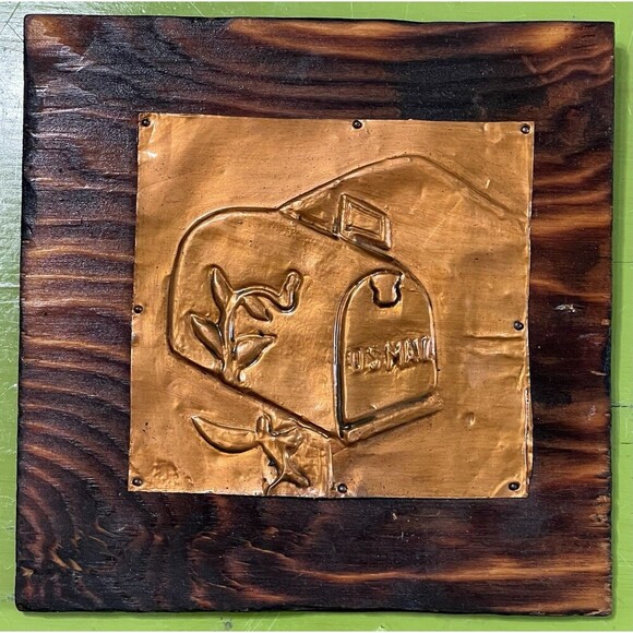 Vintage Copper Hammered Wood Mounted US Mail Box Handcrafted Plaque 6x6 - Picture 1 of 3